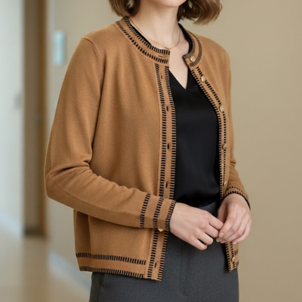 Adrianna Papell Camel Brown Golden Buttons Cardigan Sz L Black Trim Classic EUC